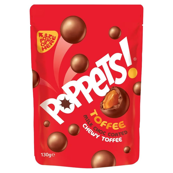 Poppets Milk Chocolate Coated Chewy Toffee Pouch 130g 9 x 130g Pouches