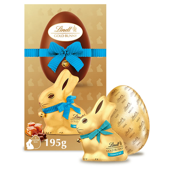 Lindt Gold Bunny Milk Chocolate Egg With Lindt Gold Bunny Salted Caramel 195g